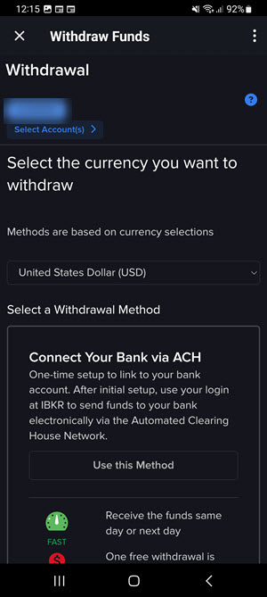 The withdrawal method on the Android Tablet